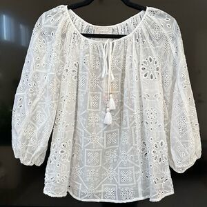 Johnny Was Castillo Eyelet Embroidered Top Blouse White Semi-Sheer, Size XXS
